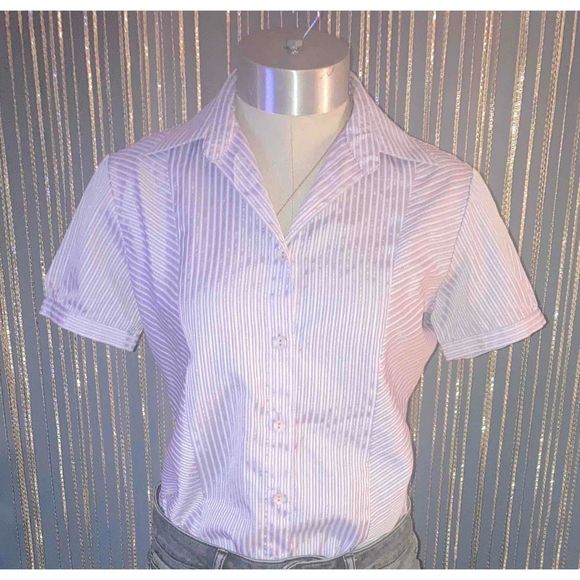 X-teen’s Shirt Women Sz M Purple Button Up Short Cap Sleeve Pin Stripe Nice Cut - Picture 5 of 12